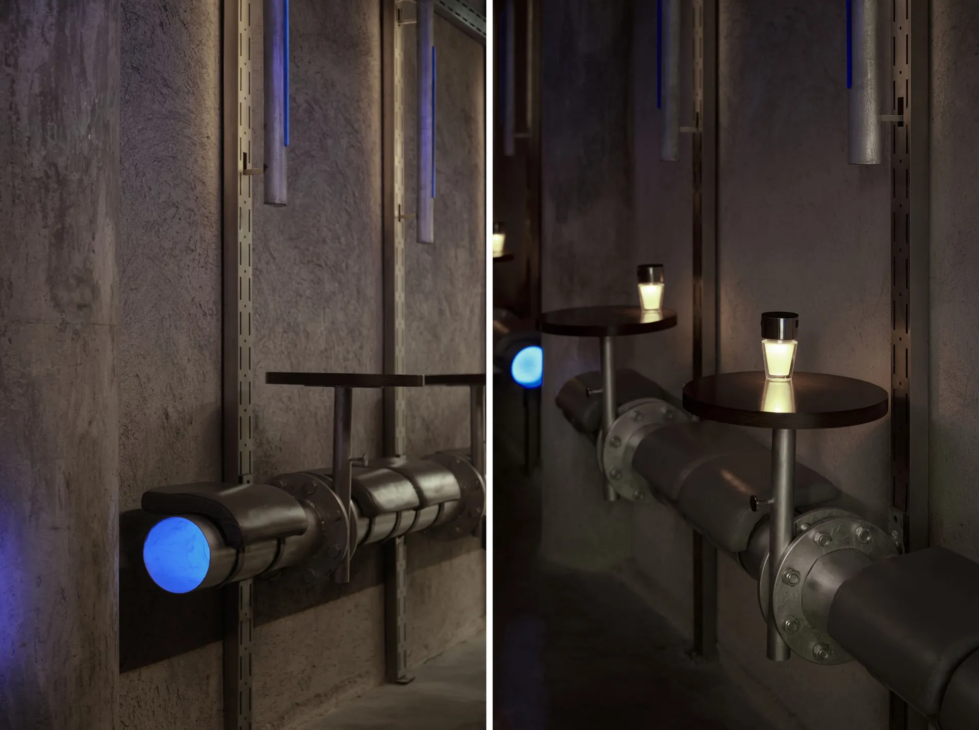 Industrial space with pipe system, multiple tables, and scattered lights, conveying a functional and utilitarian atmosphere