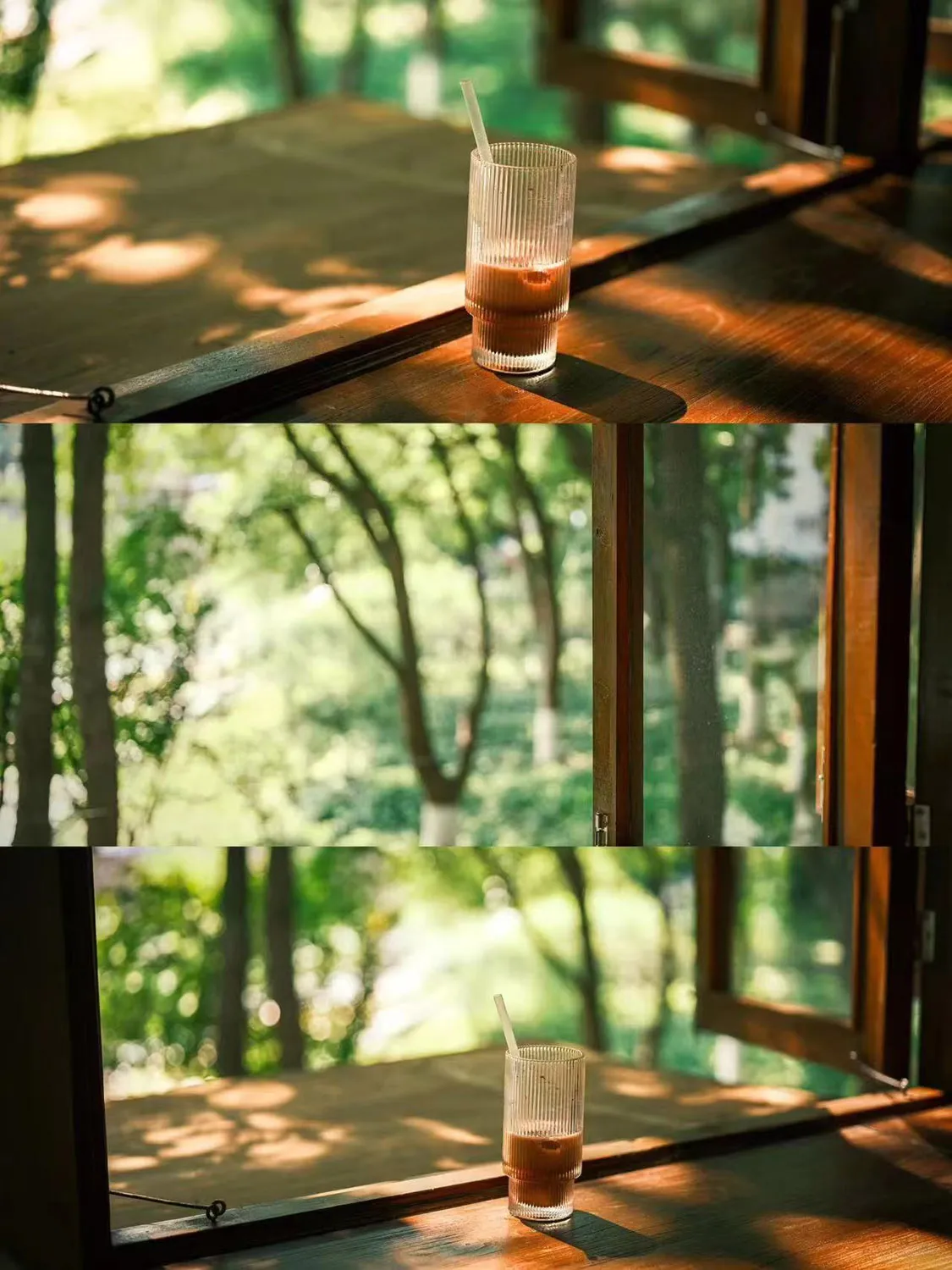A wooden table with a glass and various glasses on it, set in a domestic indoor setting