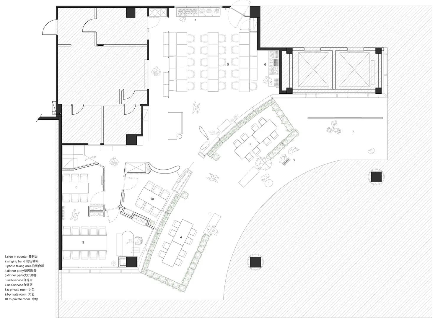 Black and white floor plan of a modern building with clean lines, minimalistic design, and large windows or skylights