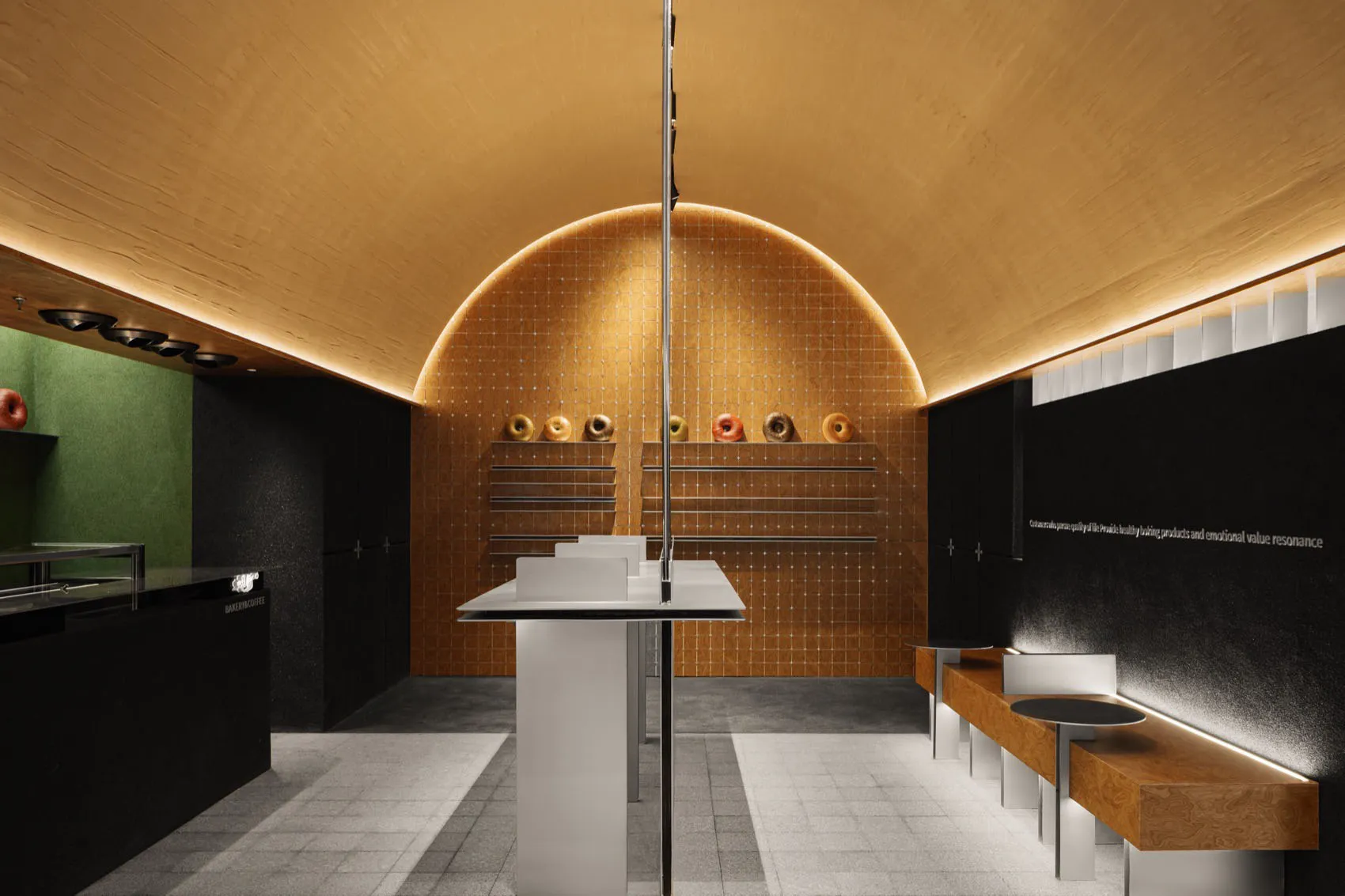 Modern showroom with a round room, central island counter, tables, benches, and decorative elements in brown and white tones, with unique wall pattern and warm lighting