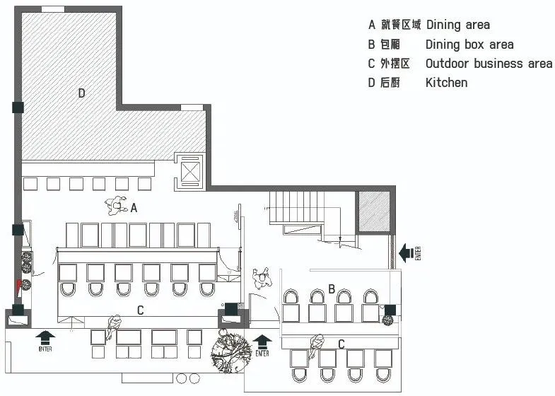Classic black and white floor plan with various rooms, including dining, kitchen, and lounge areas, featuring Asian design elements and elegant layout
