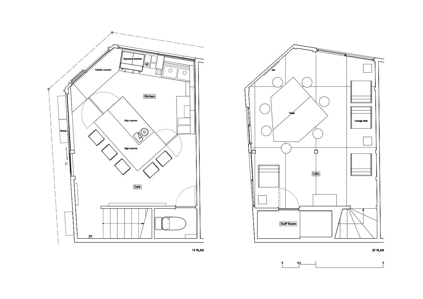 Black and white floor plan of a multi-functional space with various rooms, hallways, furniture, and sinks