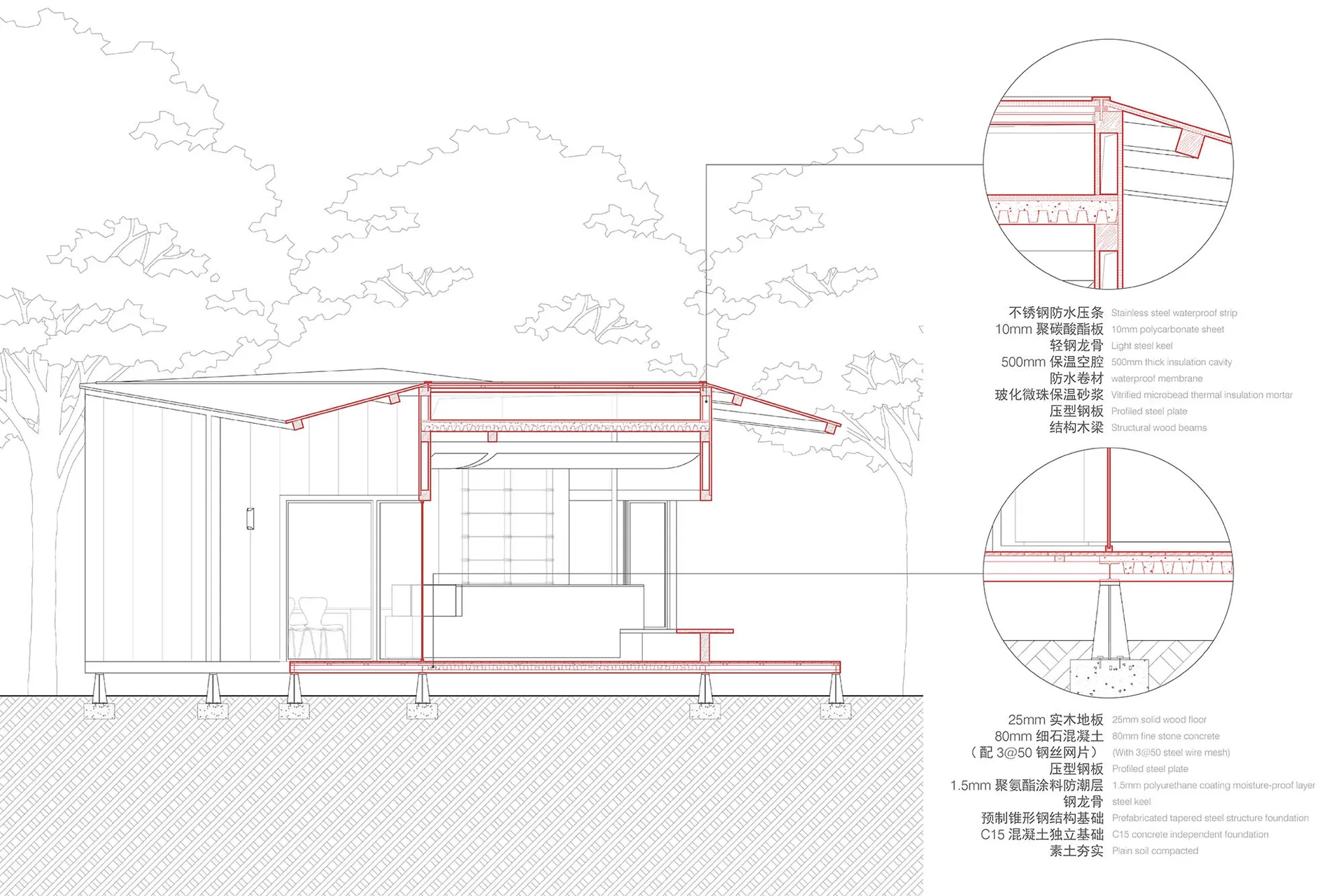 住宅建築圖，包含平面配置、家具、樹木與露台，展現各房間與客廳區域