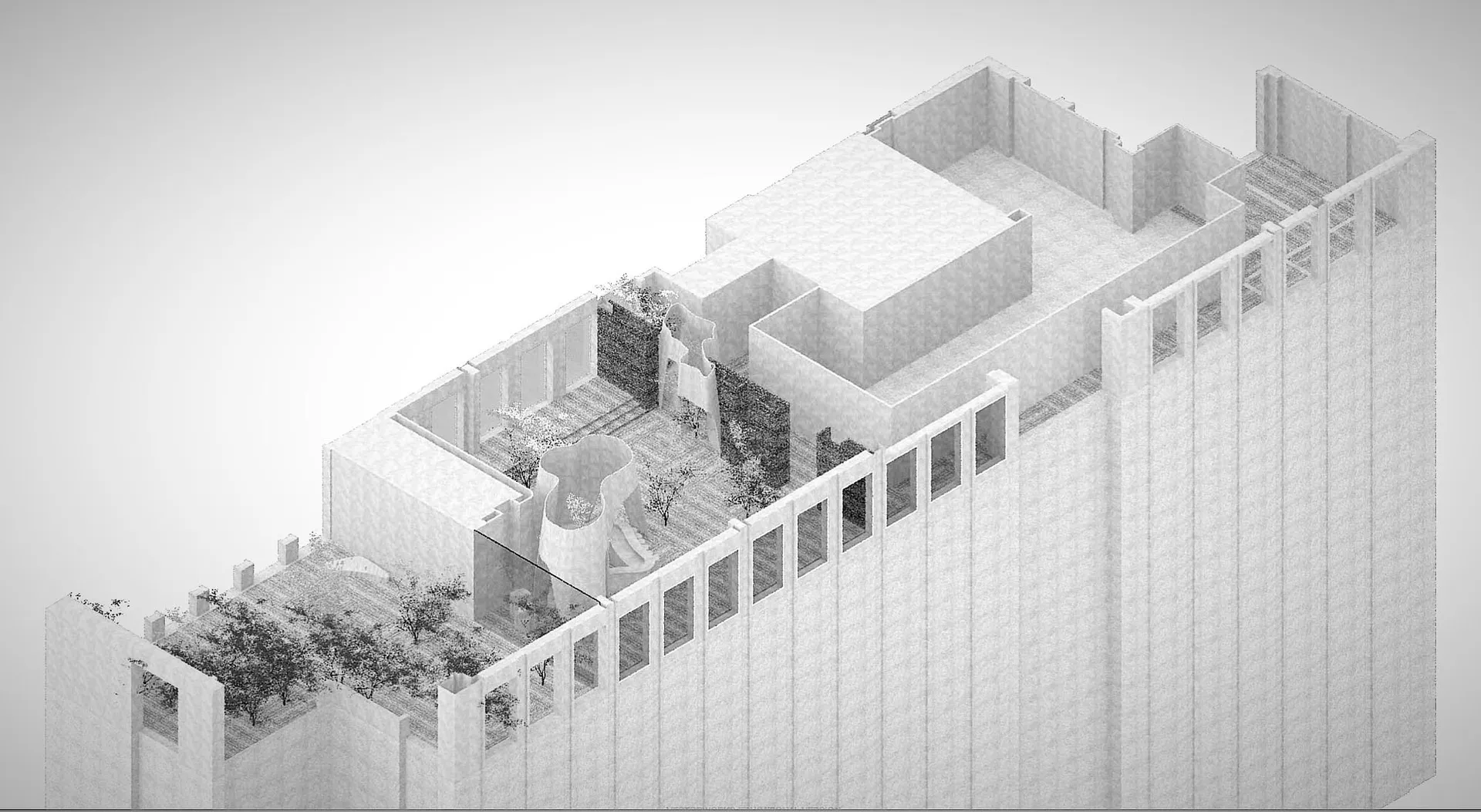 現代餐廳與酒吧的建築渲染圖，混凝土牆面、多扇窗戶，開放與封閉空間混合