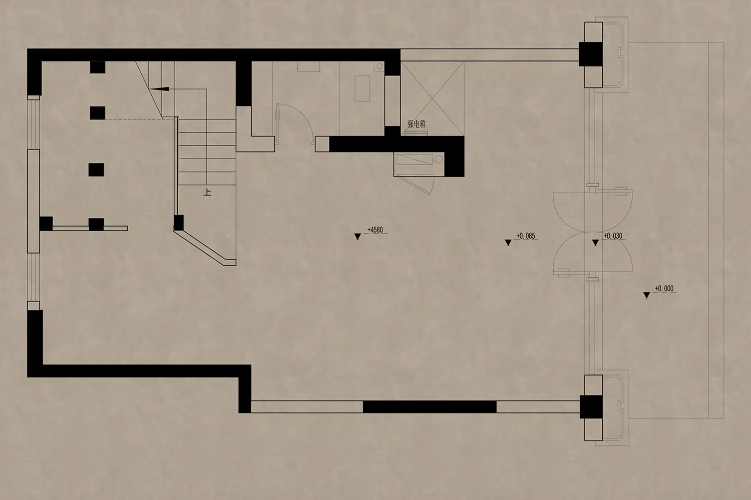 2D floor plan of a modern house with concrete floors and walls, featuring various rooms and dimensions
