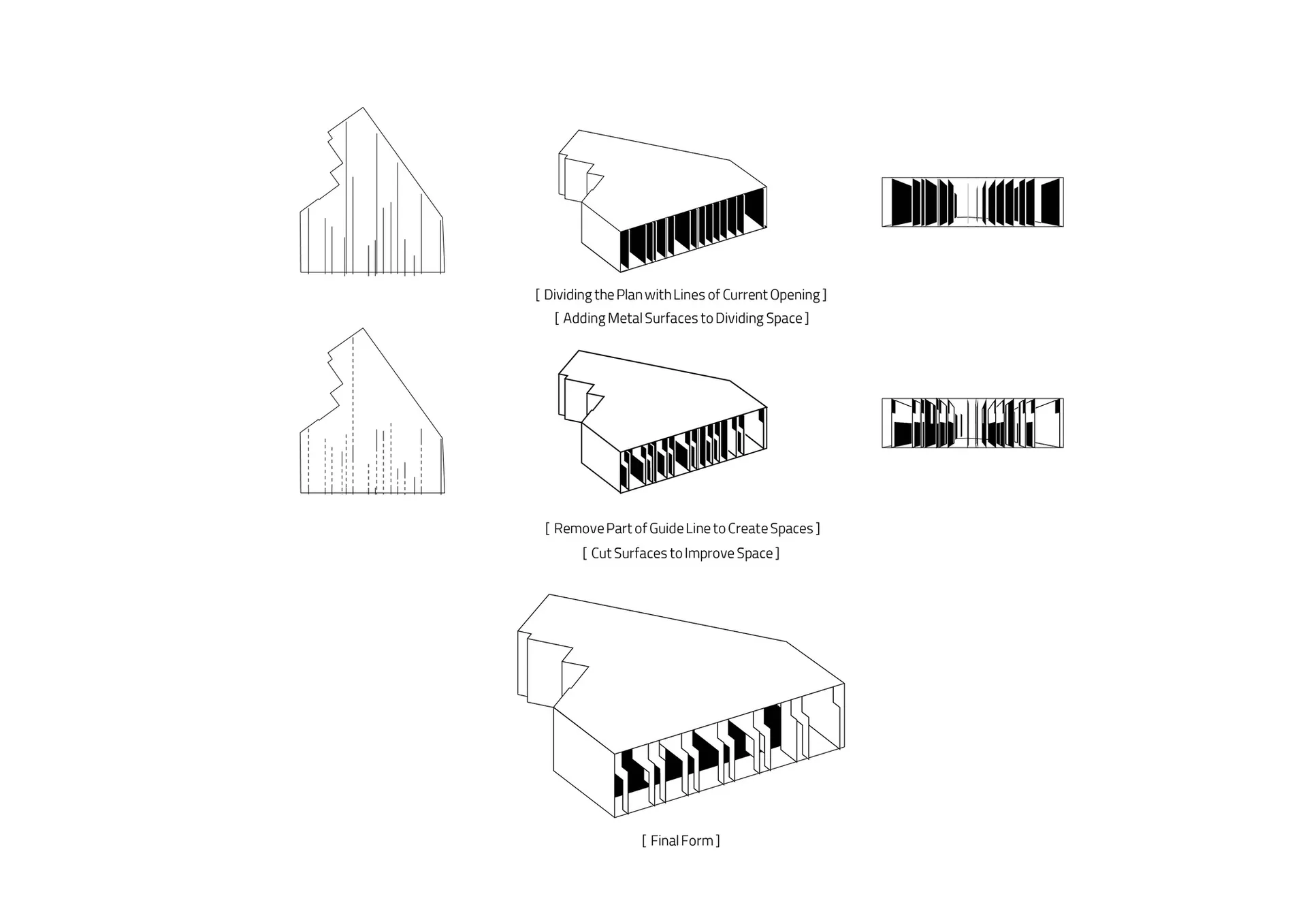 建築設計流程的五個階段，展示建築平面圖的發展過程，包含文字說明與視覺元素
