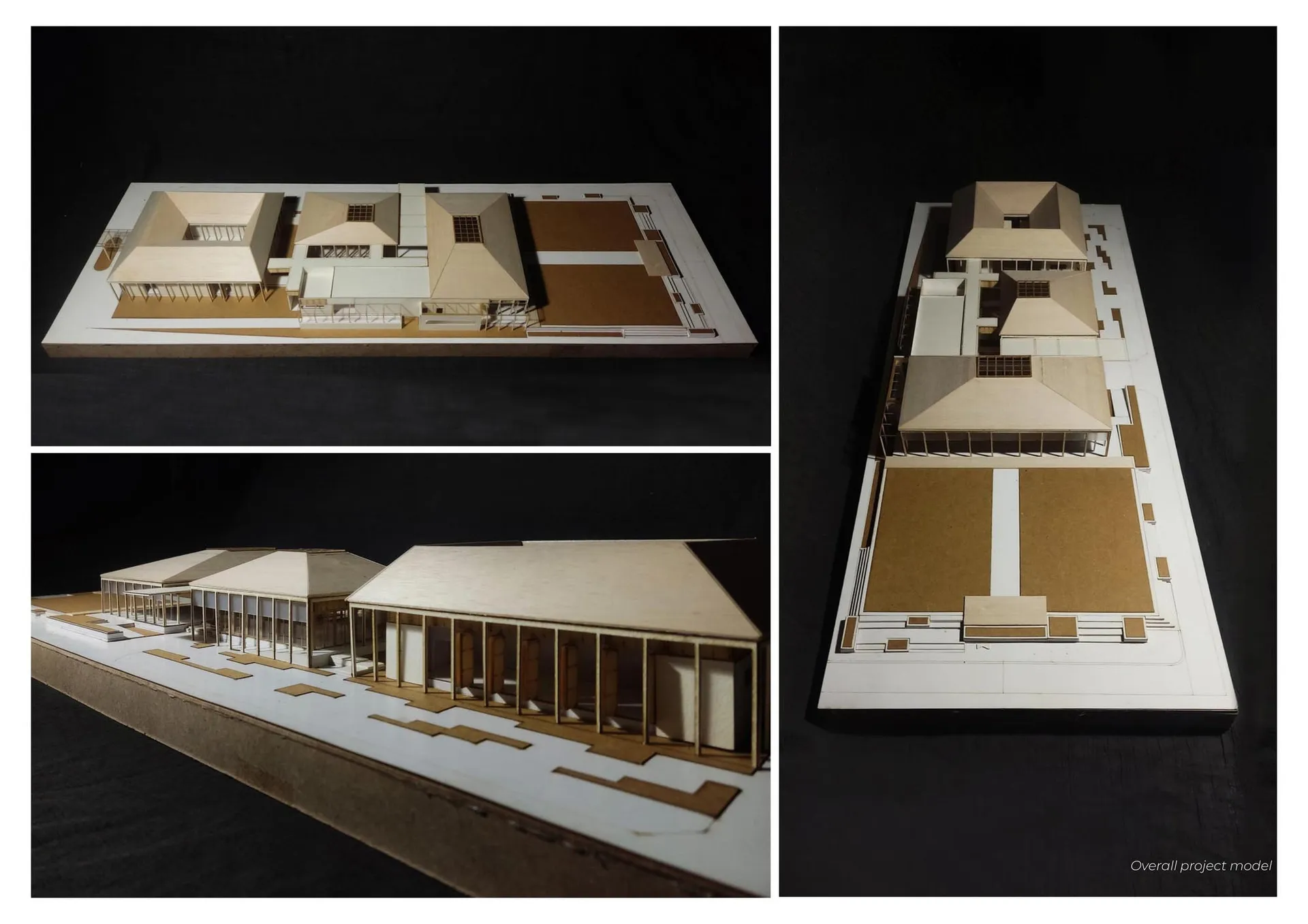 Black and white architectural model of a modern building with a wooden structure, clean lines, and minimal ornamentation