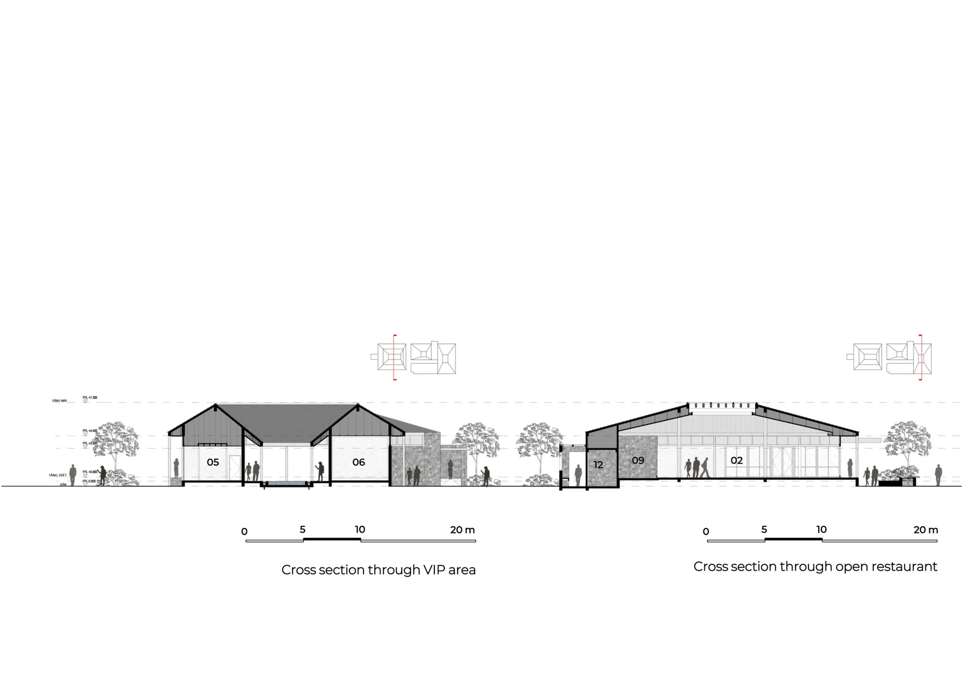 現代建築的詳細剖面圖，展示各式房間與尺寸，呈現住宅與商業區域的混合