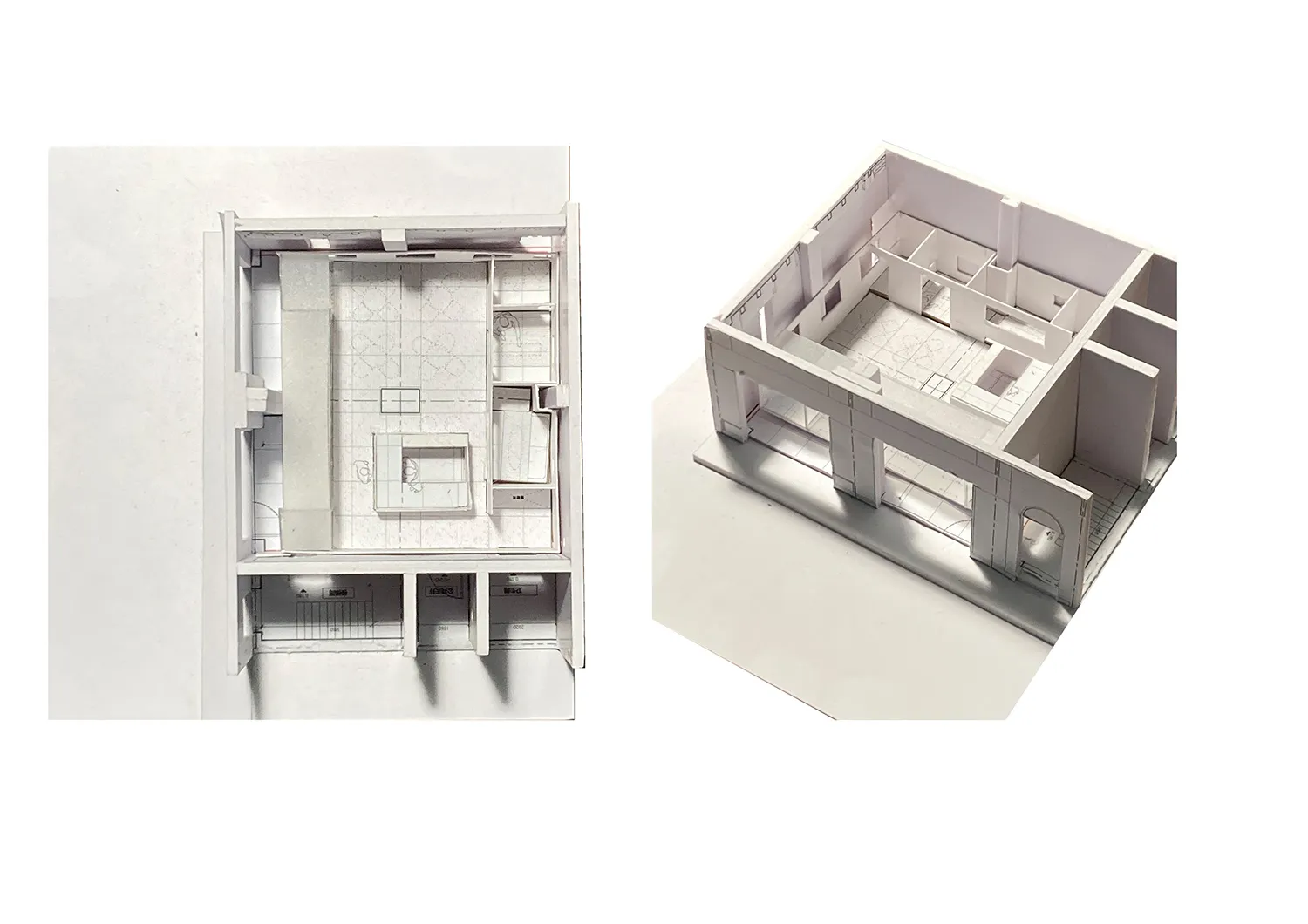 Top-down and side views of a modern building's interior with clean lines and minimalist aesthetic