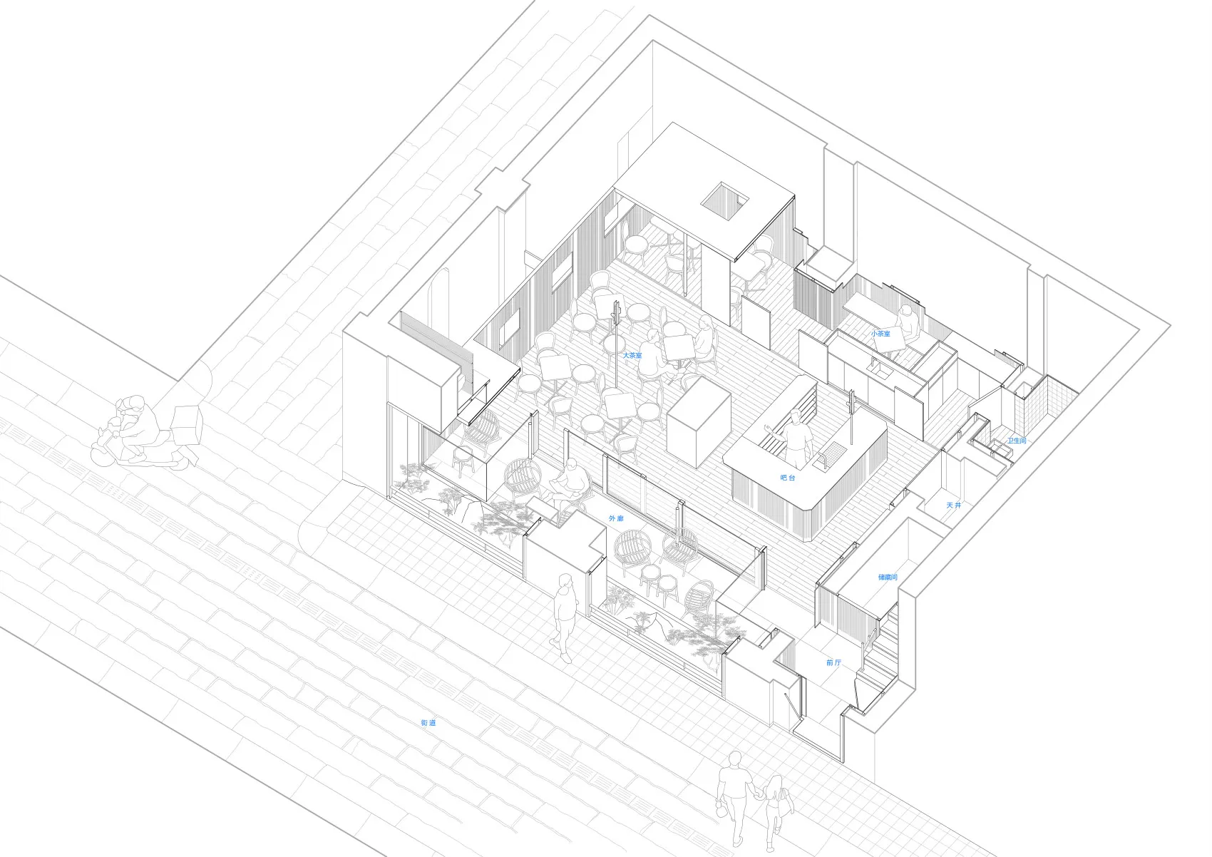 2D floor plan of a modern interior space with dining area, kitchen, and living room, featuring furniture, potted plants, and natural lighting