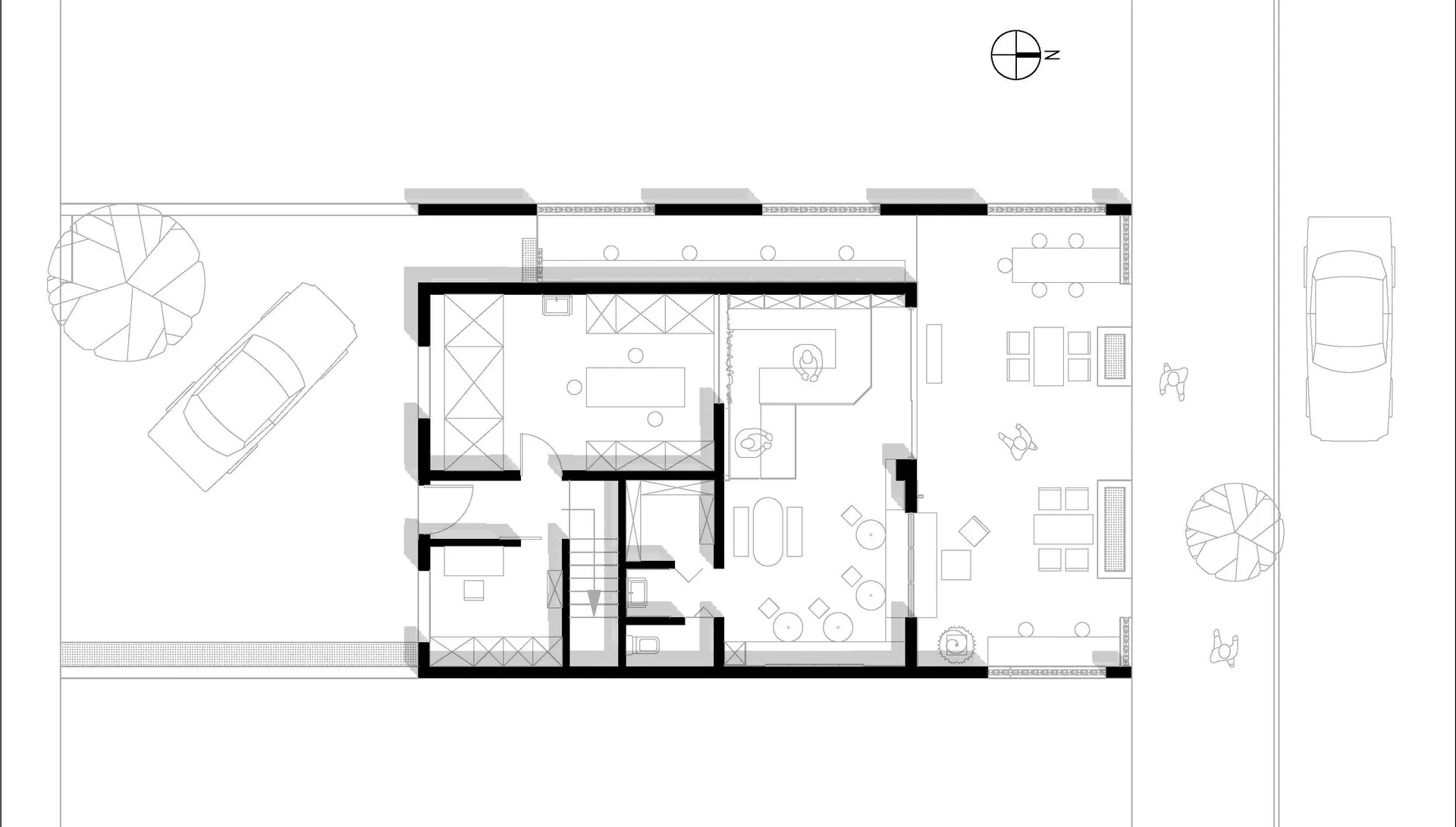 現代客廳空間，白色牆面、混搭木質與磁磚地板，階梯通往其他樓層，包含餐廳區、客廳與小廚房