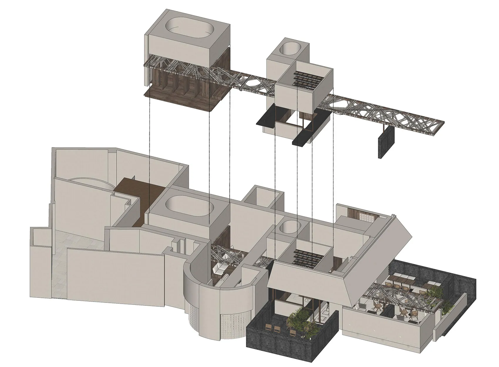 電腦生成現代建築室內空間，乾淨線條與開放空間