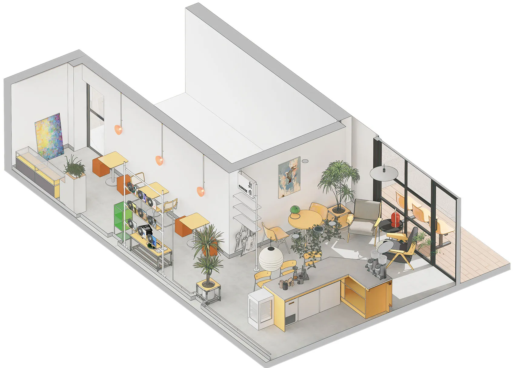 A modern office space with seating areas, potted plants, and decorative vases, featuring a clock on the wall and a well-planned layout
