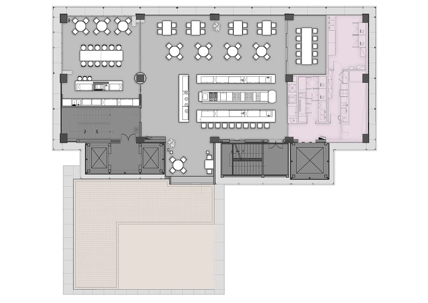 Empty restaurant floor plan with multiple dining tables and chairs, modern design, and ample seating options