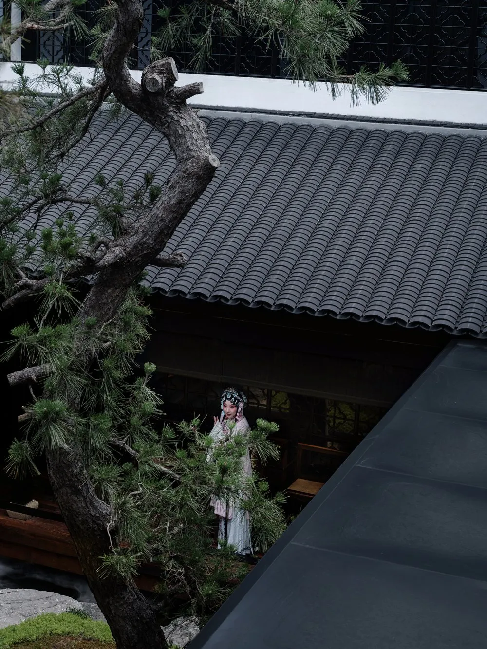 A woman in traditional clothing stands in front of a building with a tiled roof, surrounded by potted plants