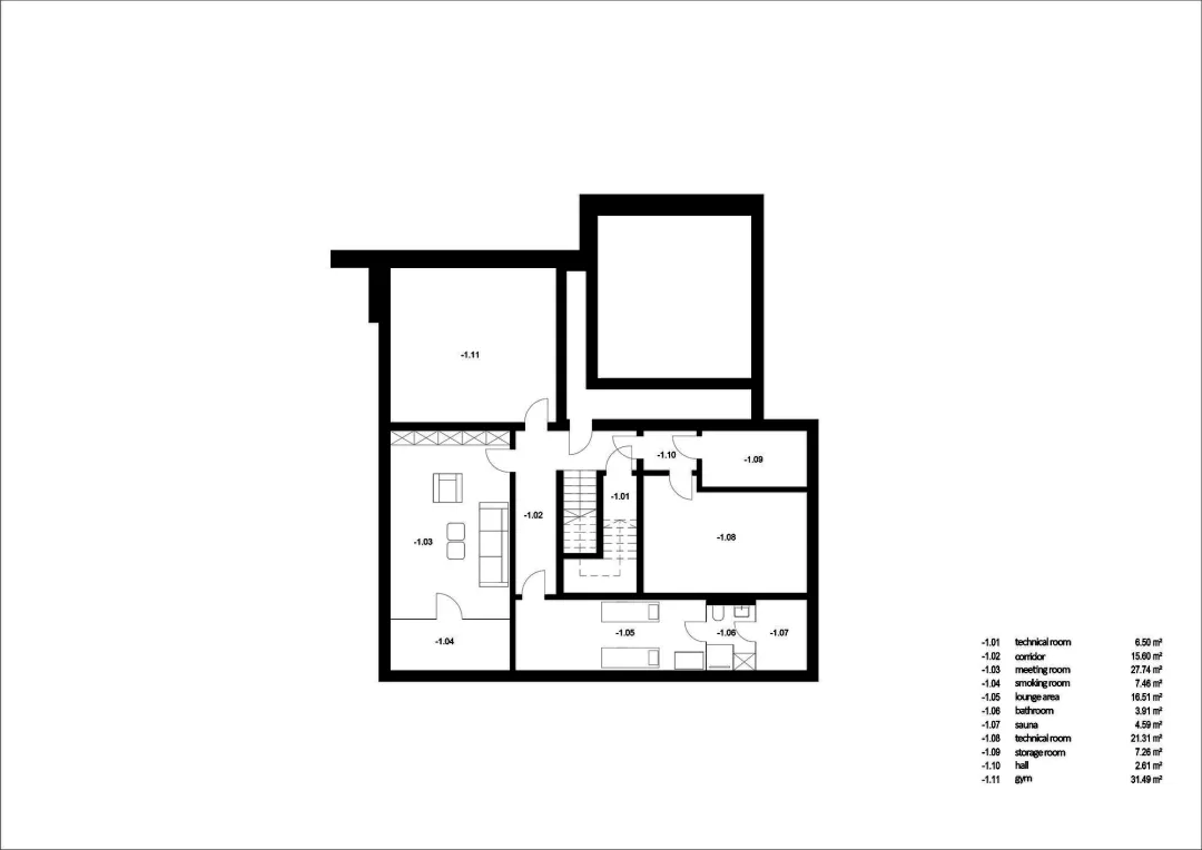 住宅黑白平面圖，包含各式房間、開放空間與封閉區域
