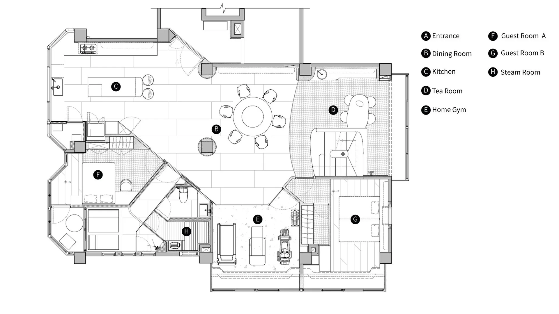 Black and white floor plan of a well-organized home with clear demarcations between living areas