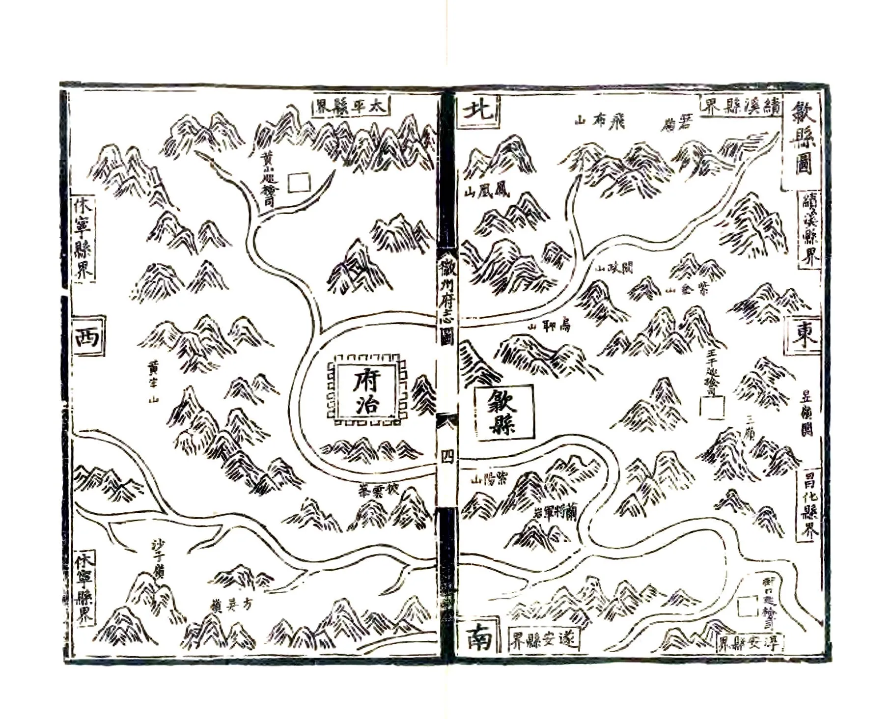 A detailed map of a mountainous region with symbols and lines indicating various elements, set against a backdrop of mountains, trees, and buildings