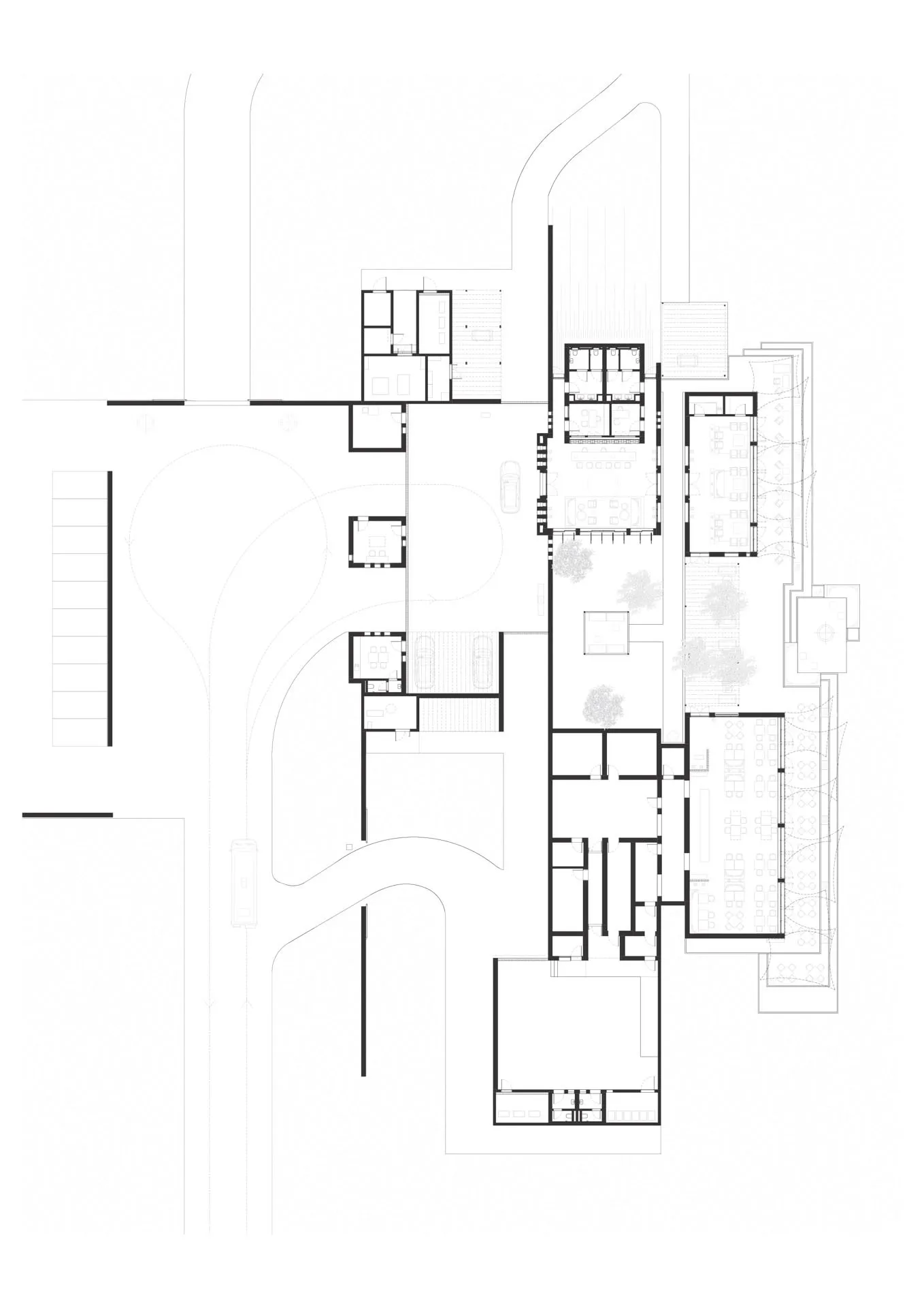 現代建築的 2D 平面圖，包含多個房間、乾淨線條與極簡設計元素，特色為混凝土牆面、玻璃立面與金屬點綴