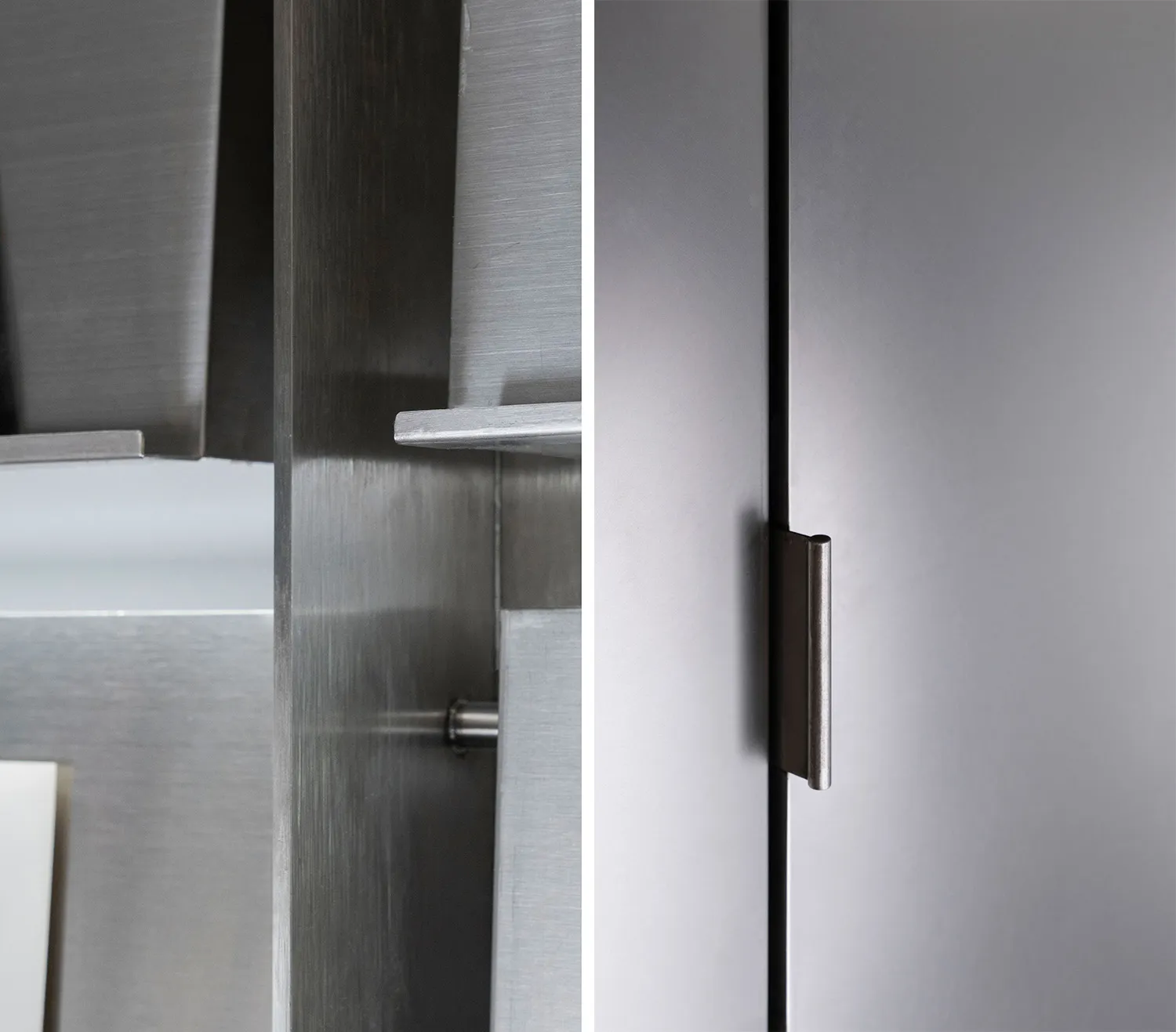 Two views of a modern kitchen cabinet with stainless steel and silver finishes, featuring functional handles and a sleek design