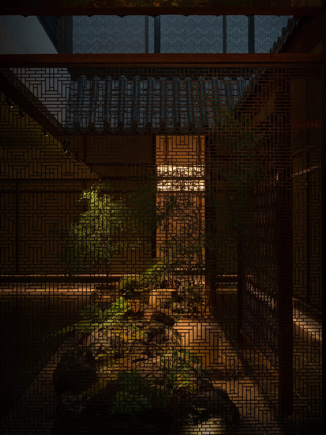 寧靜的亞洲風格庭院，設有岩石花園、盆栽植物，以及傳統與現代建築元素的融合