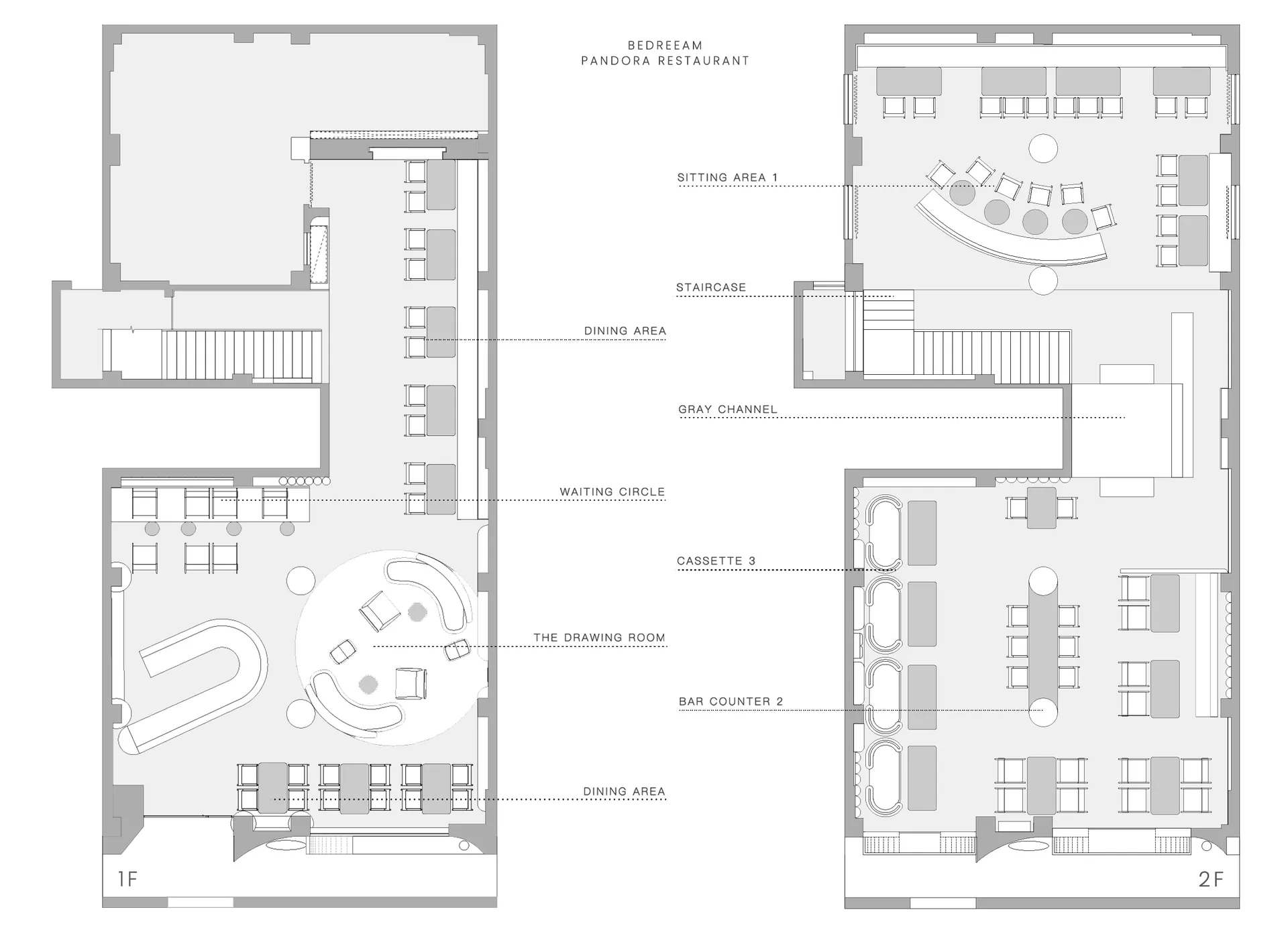 A multi-level building with various rooms and spaces, featuring dining, lounge, bar, and sitting areas, with multiple chairs for socializing and relaxation