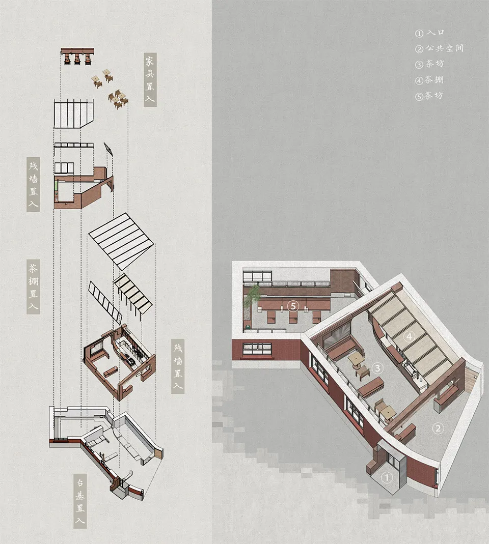 現代建築的 2D 平面圖，包含各式房間與座位區，標註線條、標籤與尺寸
