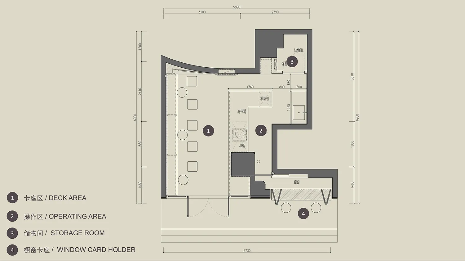 A modern hotel floor plan with clean lines, minimalistic design, and visible concrete and glass materials, well-lit with natural light