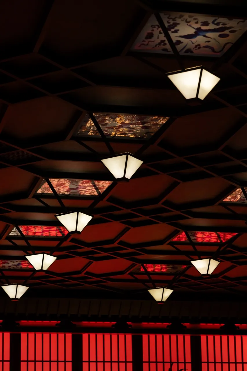 Ornate ceiling design with multiple lights in various shapes and sizes, creating a unique and intricate pattern