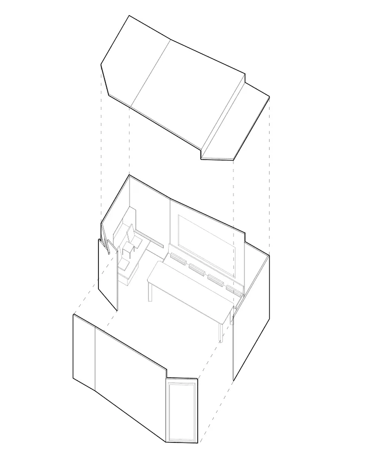 Black and white architectural drawing of a minimalist living room with a couch, chair, and two TVs, emphasizing functional design