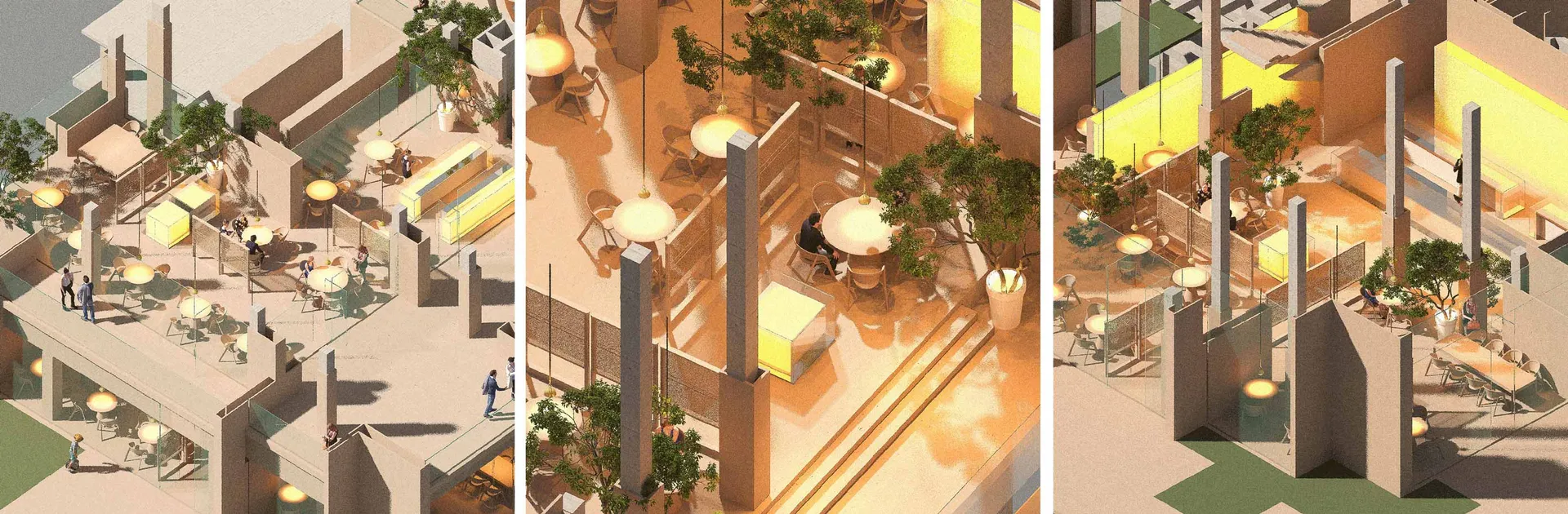 設有多張餐桌、椅子與盆栽的用餐區，營造溫暖親切的氛圍
