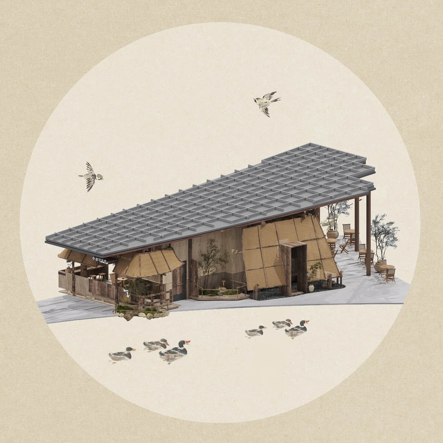 傳統亞洲風格木構住宅，搭配瓦頂屋頂，周圍環繞樹木與飛翔鳥兒