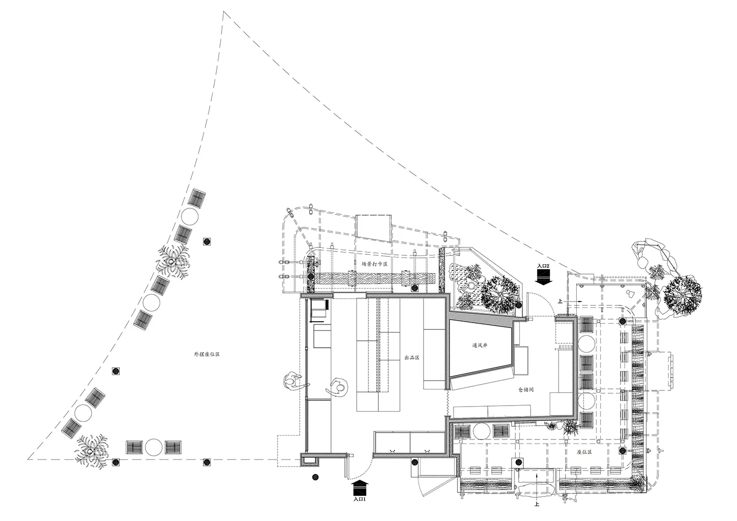 Architectural rendering of a modern hotel or residential complex interior with multiple rooms, open spaces, and a mix of materials including concrete, glass, and metal