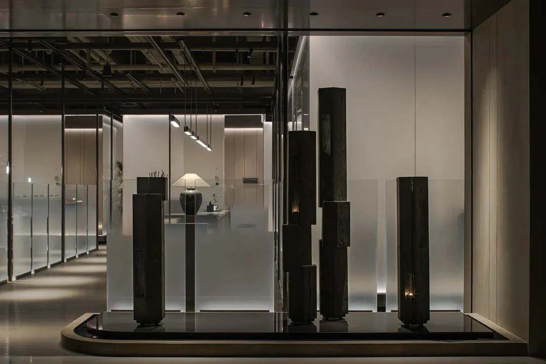 Elegant showroom with a glass wall displaying various sculptures and vases, featuring stone and organic shapes, in a sophisticated atmosphere