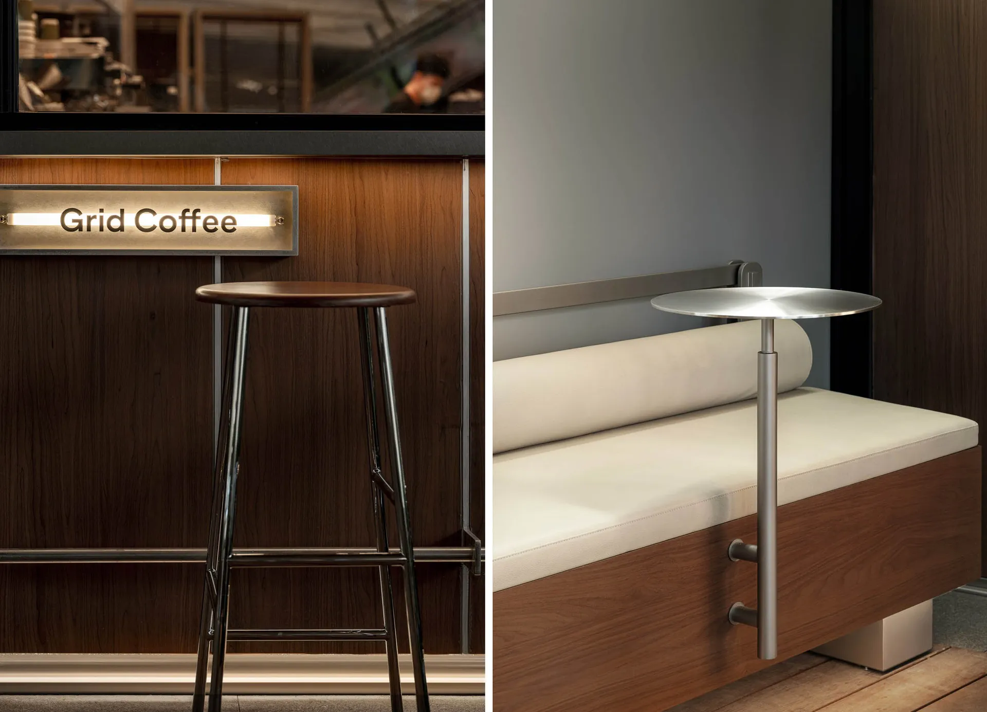 A coffee shop scene with a counter and furniture, and a living area with a bed and chair, conveying a cozy atmosphere