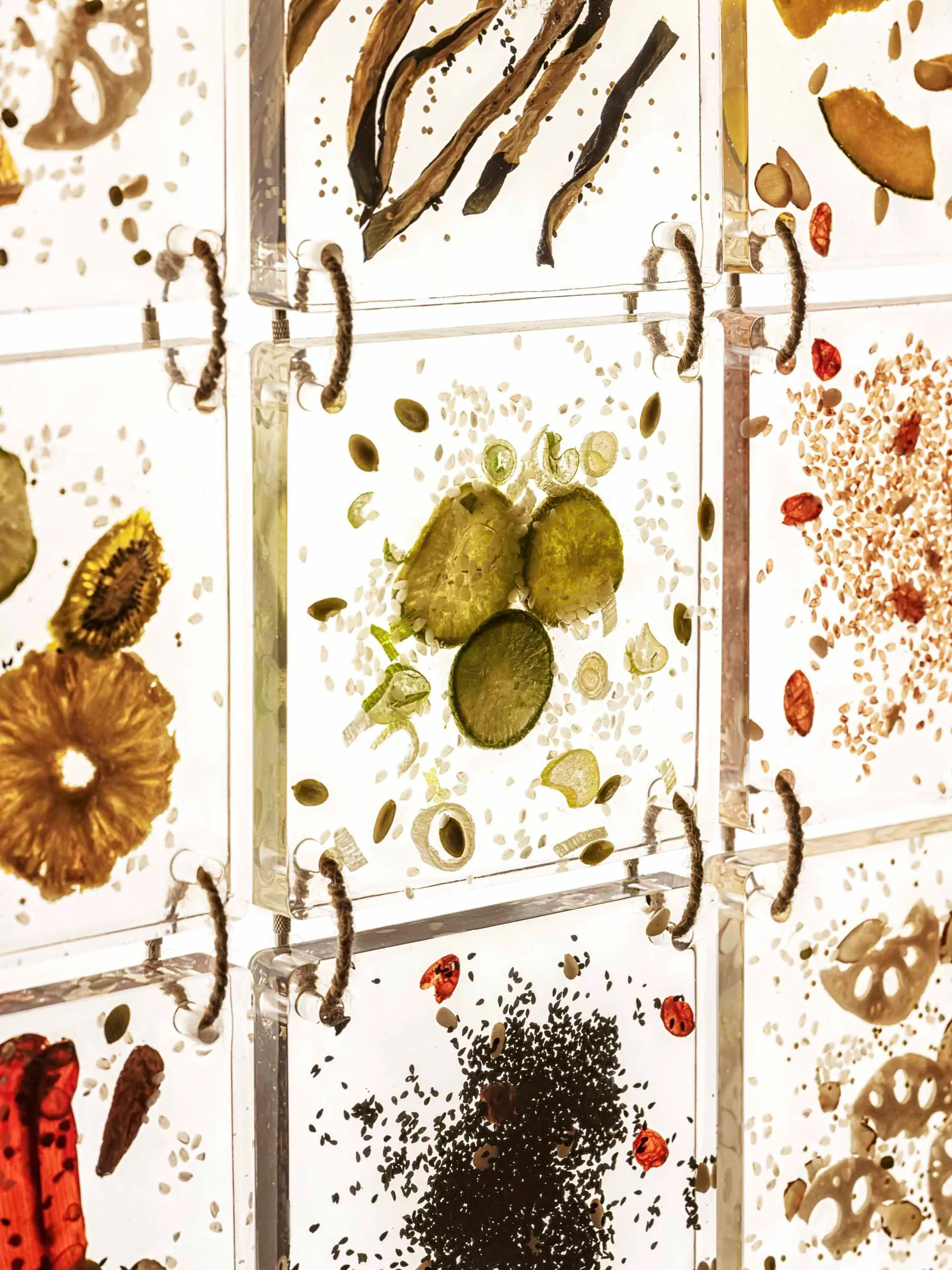 A colorful arrangement of fruits and vegetables in a glass display case, showcasing a variety of fresh produce