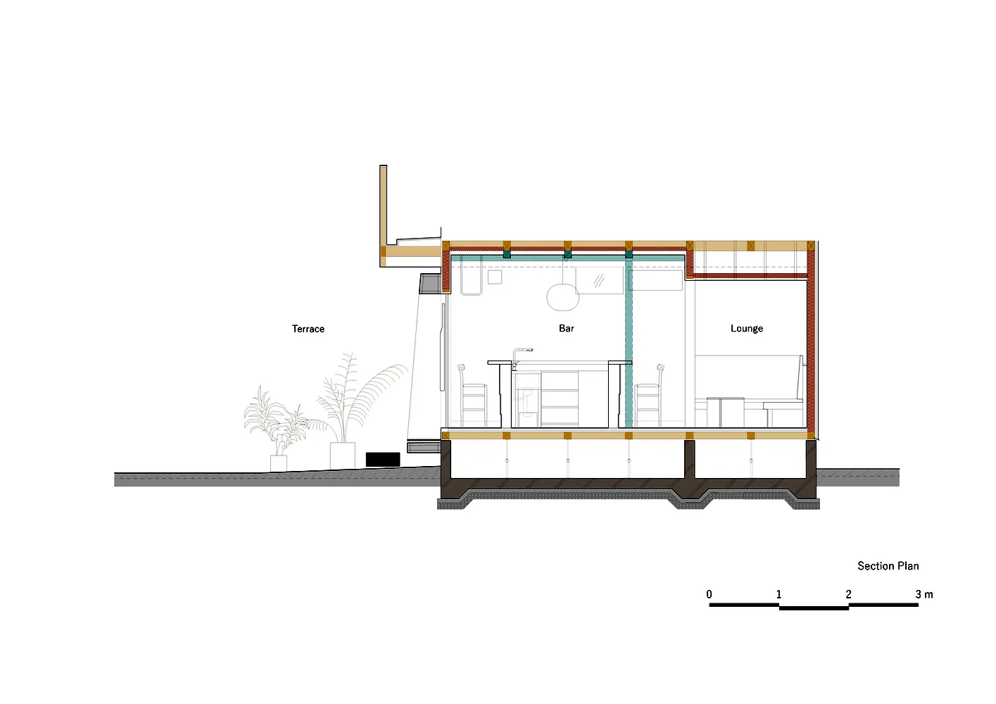 現代住宅的 2D 平面圖，包含廚房、餐廳、客廳與臥室區域，附椅子、盆栽與水槽