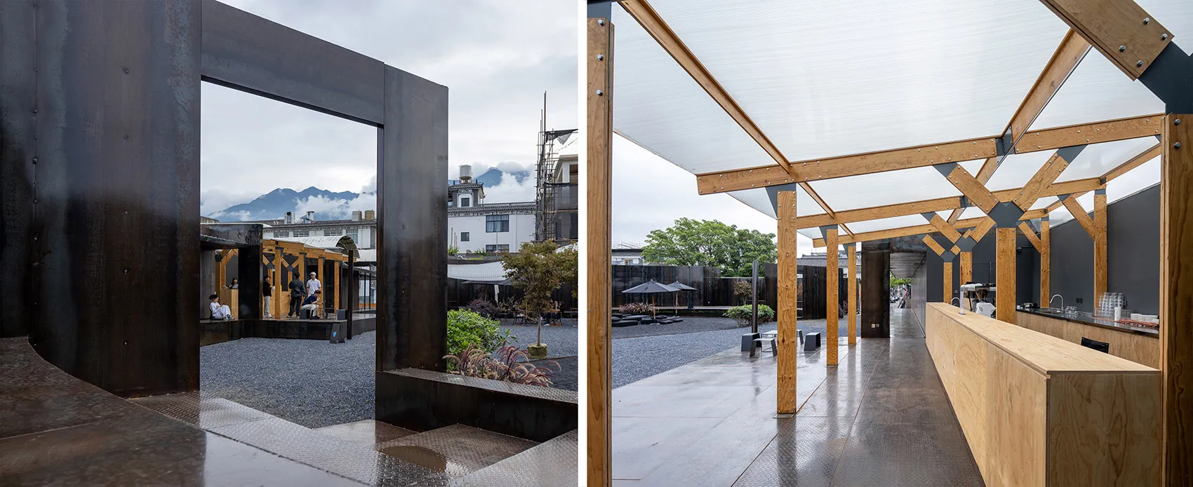 Black building facade with patio and benches, floor plan showing interior rooms and dining table