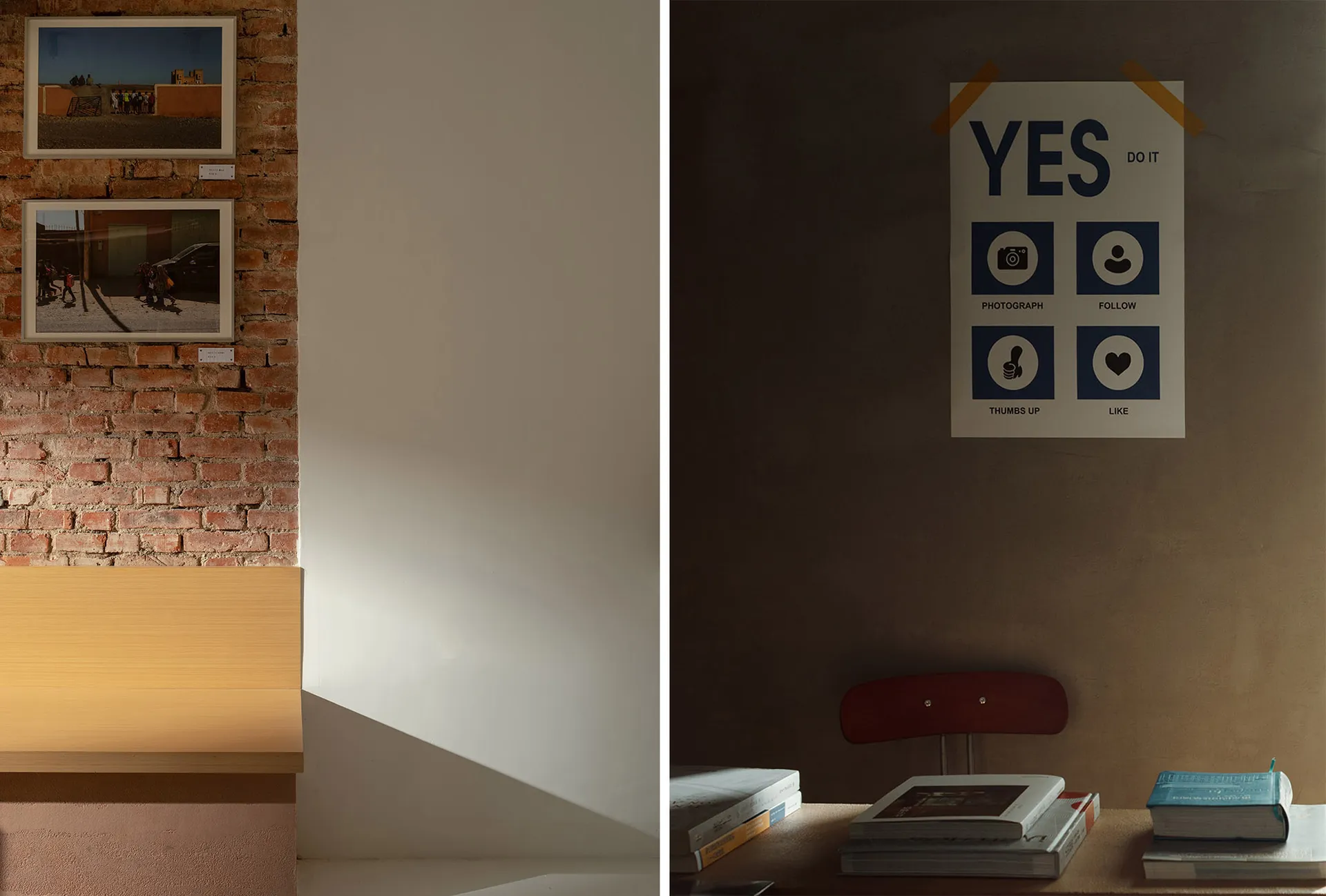 A modern office space with a brick-patterned wall, a desk with a chair, and books scattered around, featuring a mix of natural and artificial lighting