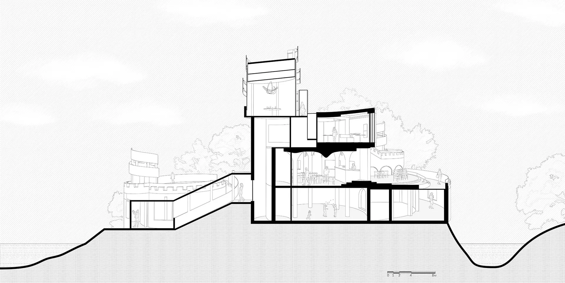 A modern hotel with multiple levels, a rooftop area, and clean lines, featuring people and trees in the background