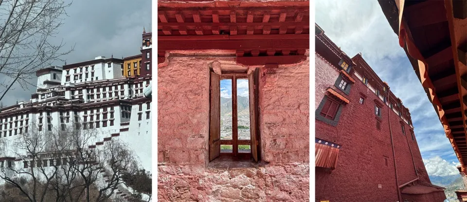 Three images showcasing red brick, stone, and old buildings with windows offering city, mountain, and snowy views