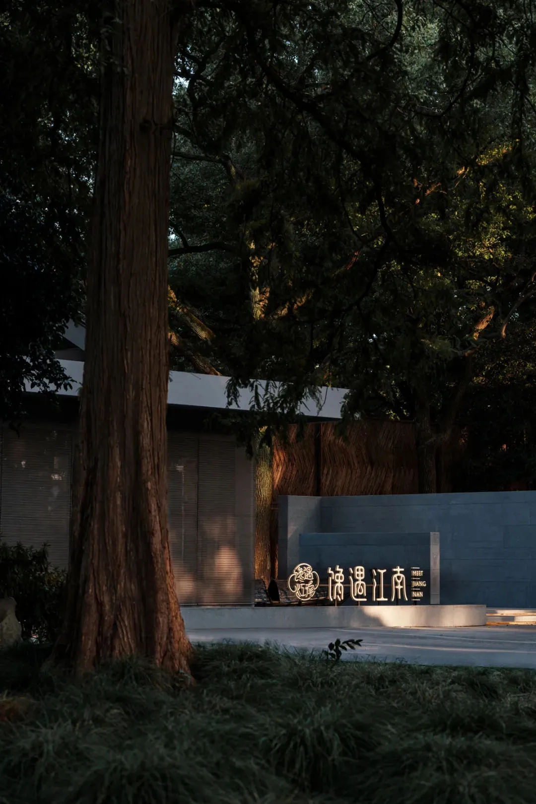 A serene Asian-style building with a stone wall and a large tree in front, featuring a modern concrete structure with a gray appearance
