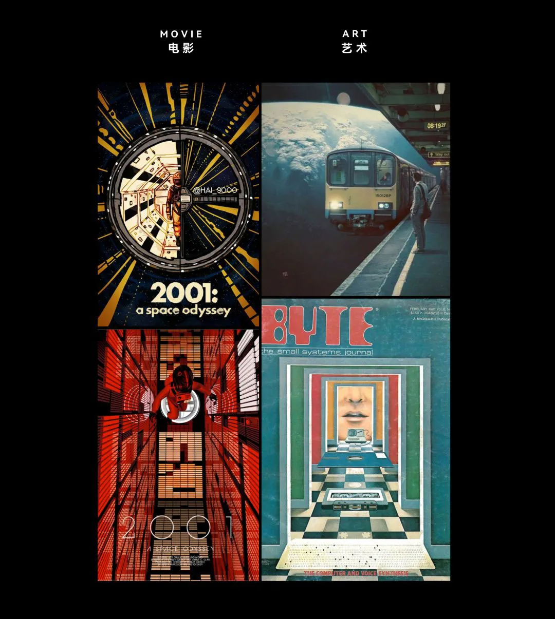 Four posters showcasing diverse artworks with modern and creative themes, featuring abstract designs, a futuristic cityscape, a train, and a person walking on a sidewalk