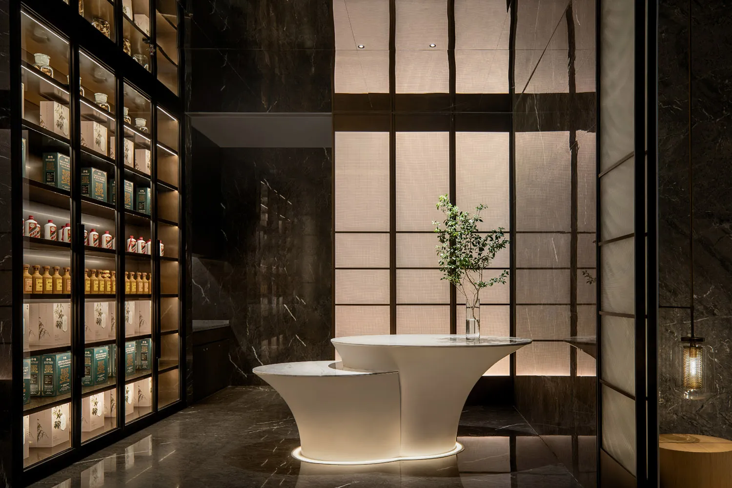 Elegant bathroom with a round table, double sinks, marble countertop, and a potted plant, surrounded by toiletries and personal care items