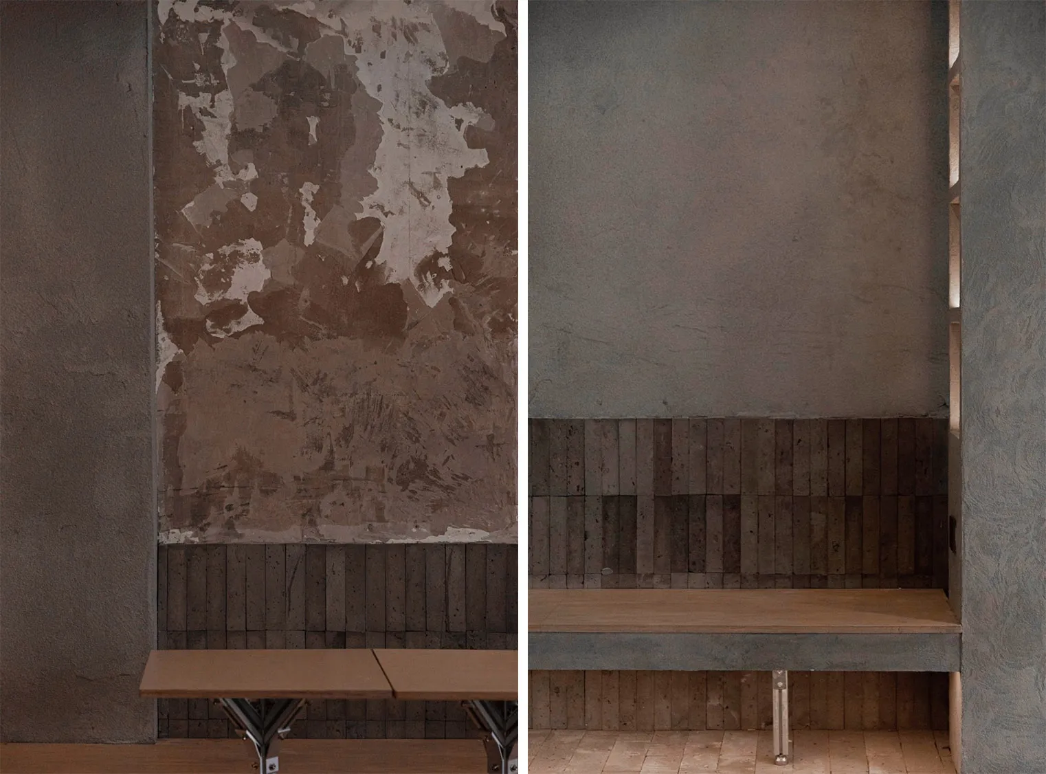 A rustic dining space with a stone wall, wooden benches, and a dining table, featuring peeling paint on the wall and a brown color scheme