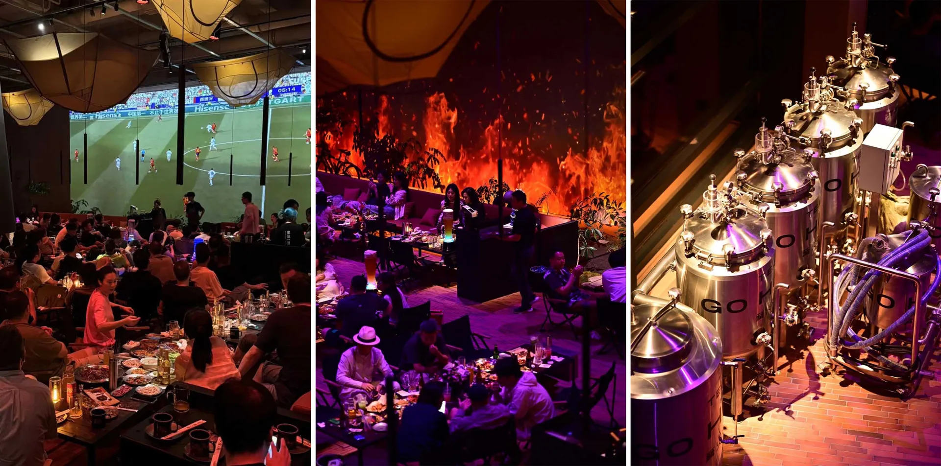 A lively dining area with people enjoying meals, a fireplace, and a TV, surrounded by warm lighting and social atmosphere