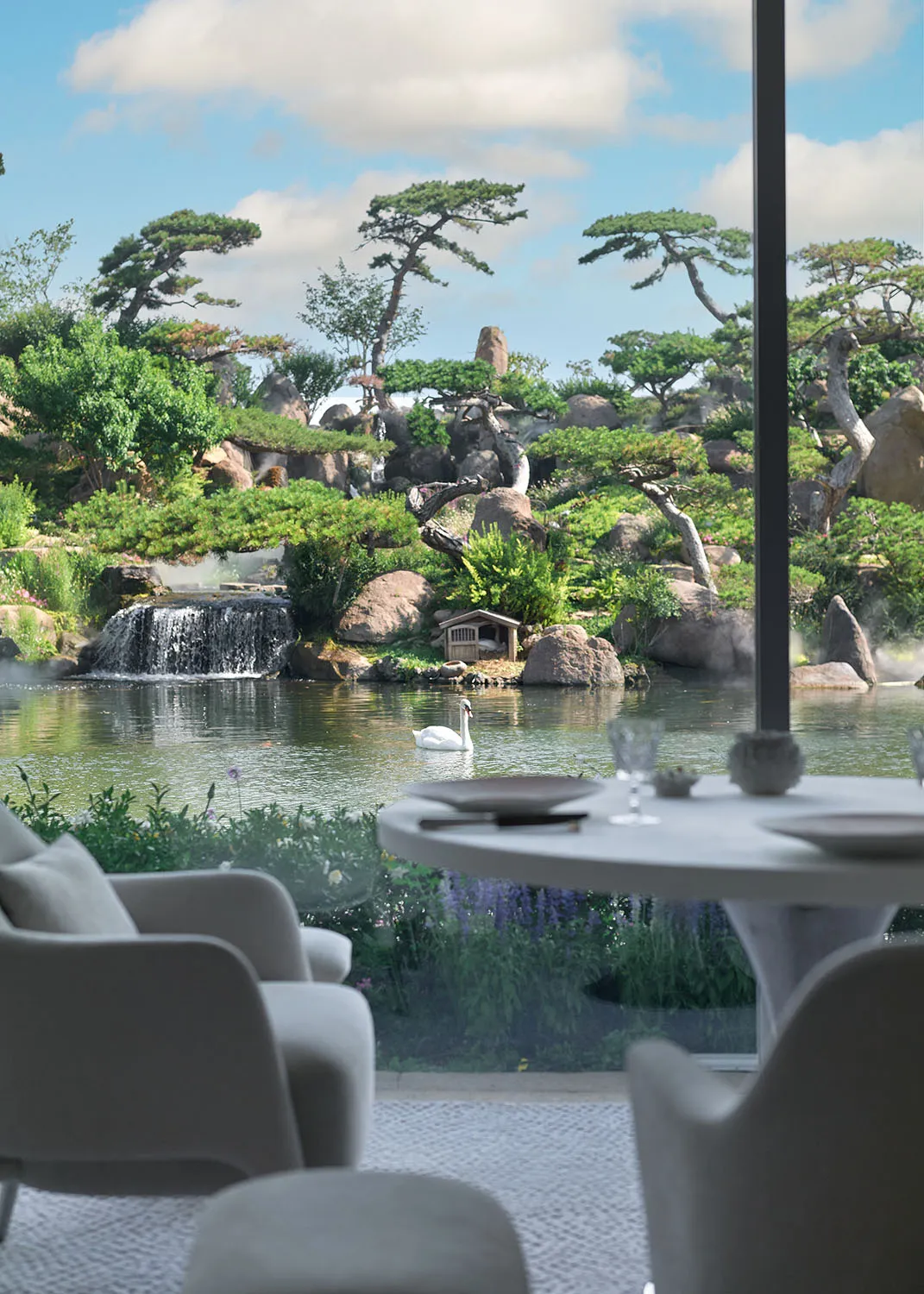 Elegant dining room with a table set for a meal, two chairs, and a vase, overlooking a beautiful garden through a large window