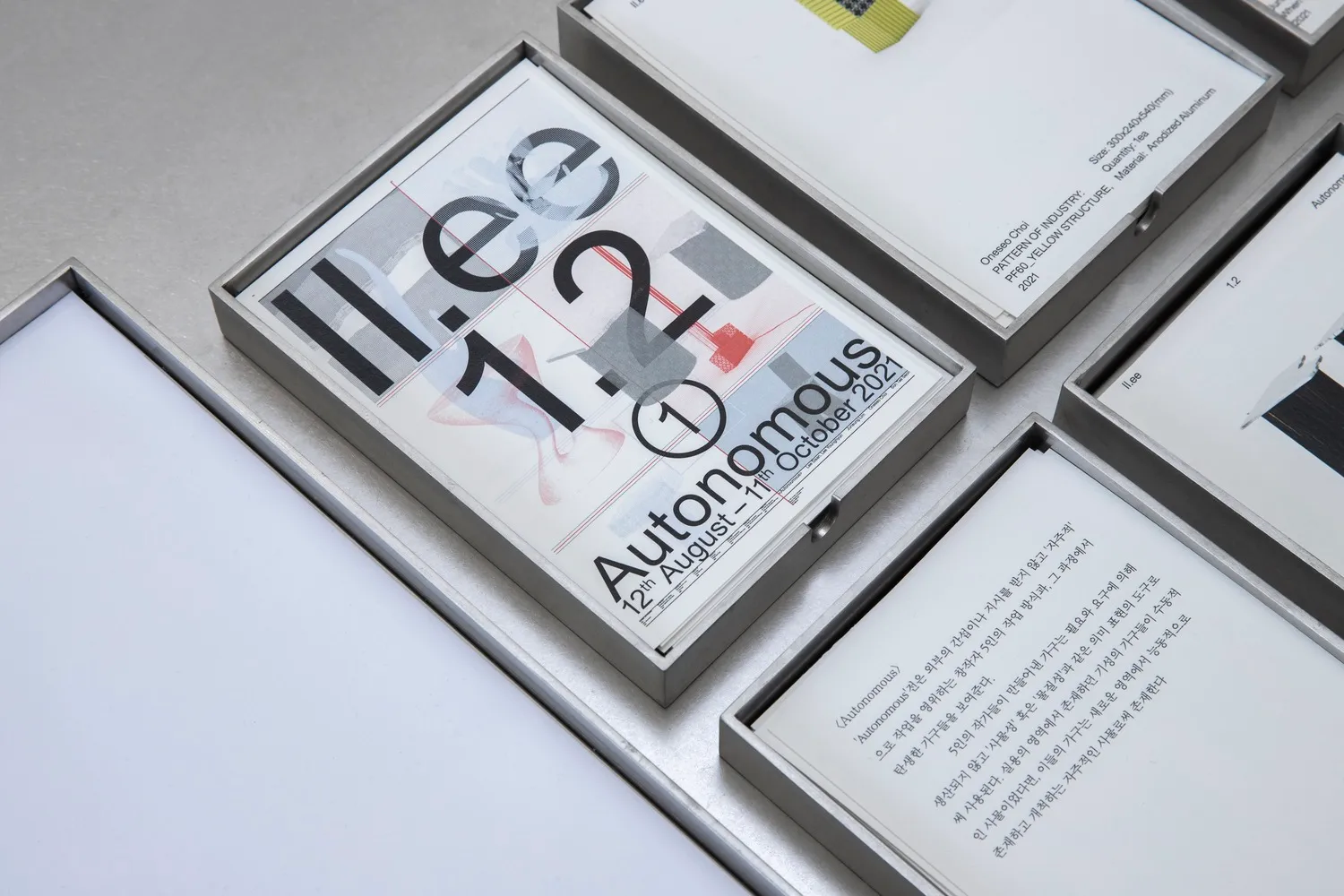 A table display of three main books and two smaller books, arranged in an organized and visually appealing manner