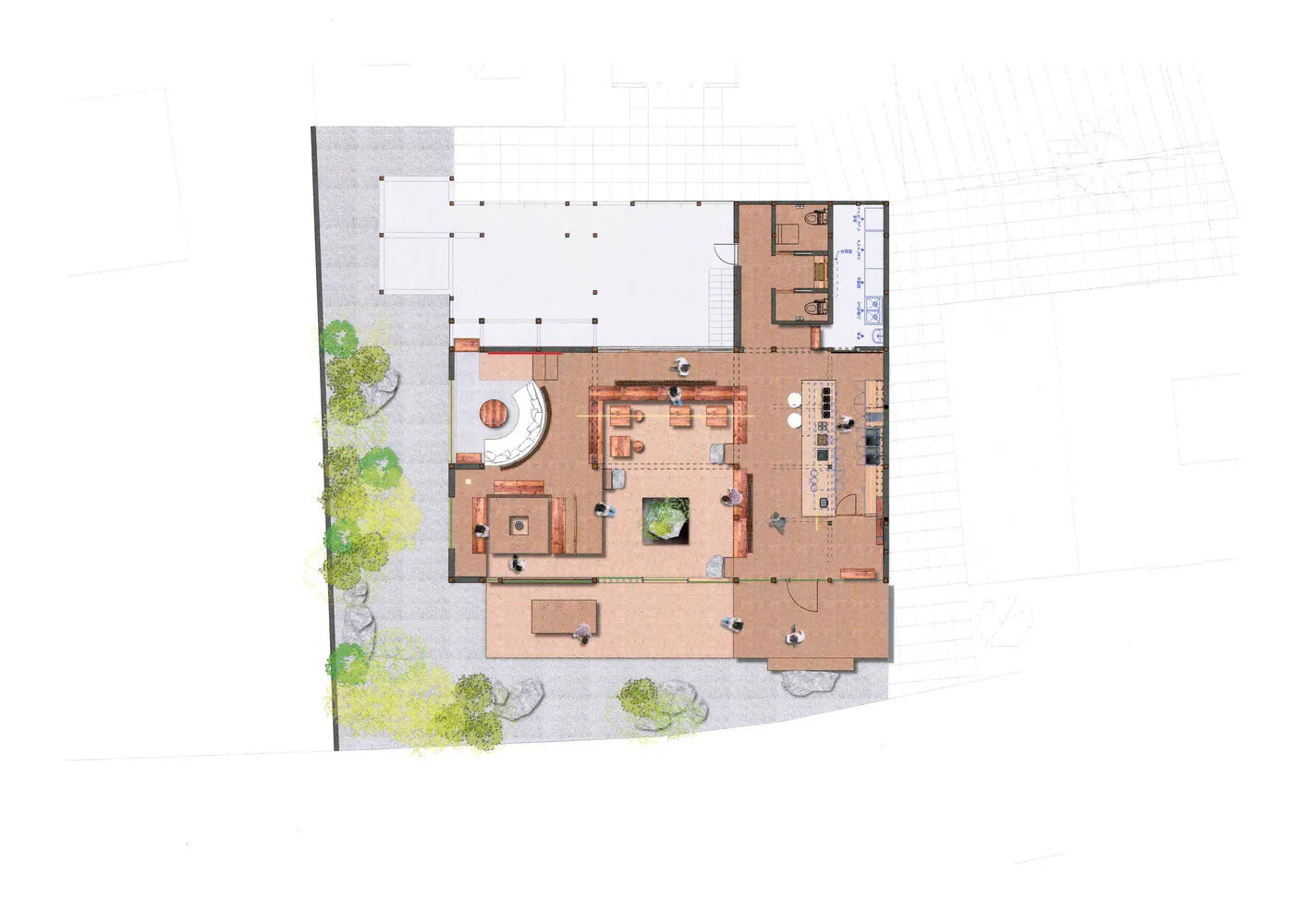 A modern residential interior with a neutral color palette, featuring a kitchen, dining room, and living room