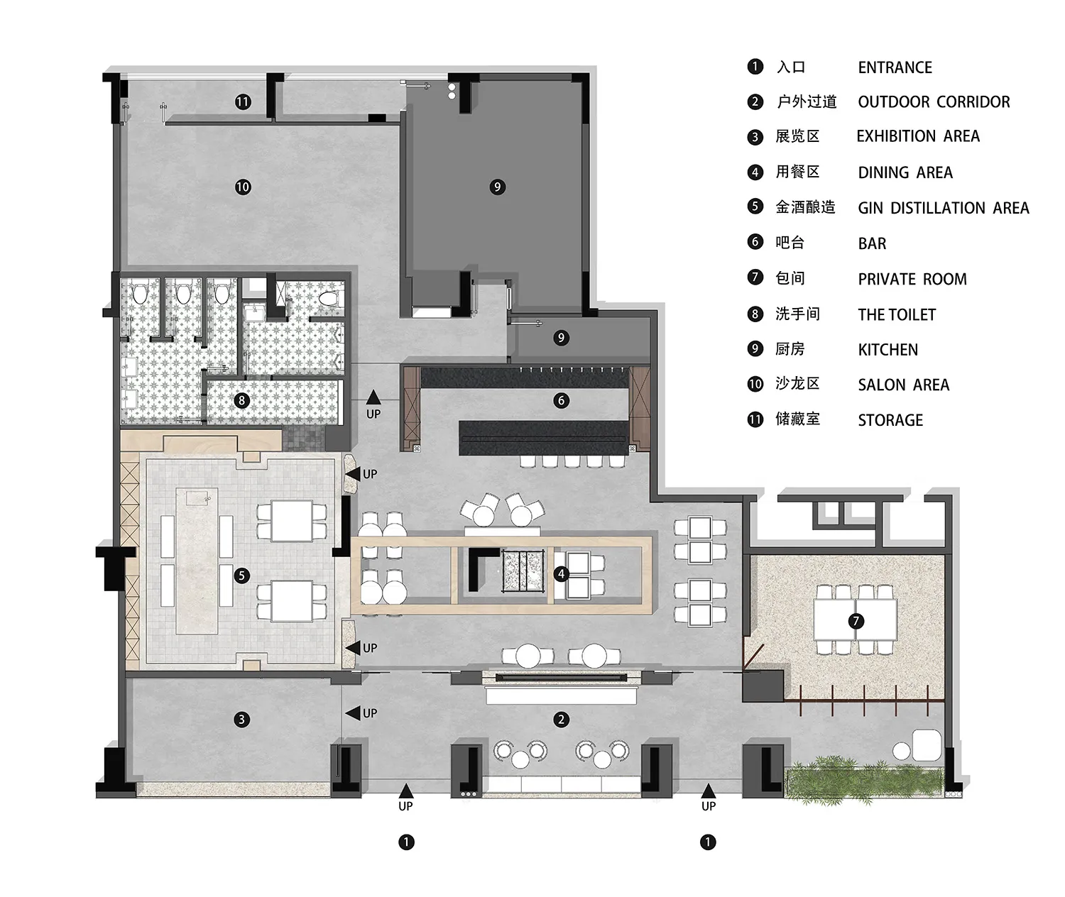 2D floor plan of a hotel with various rooms, including a dining area, bar, kitchen, and private rooms, with a focus on layout and design